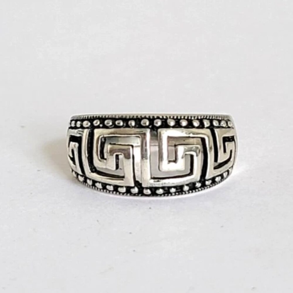 Vintage Sterling Silver Boho Greek Meander Key Navajo Tribal Wide Band Ring